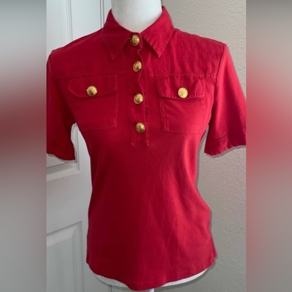Carolina Herrera linen cotton blend giant monogram buttons polo top